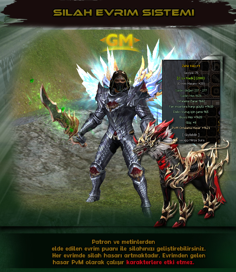 ArlaMt2 Silah Evrim Sistemi ile patronlar ve metinlerden elde edilen evrim puanlarıyla silahınızı geliştirerek PvM savaşlarında daha güçlü hale getirebilirsiniz.