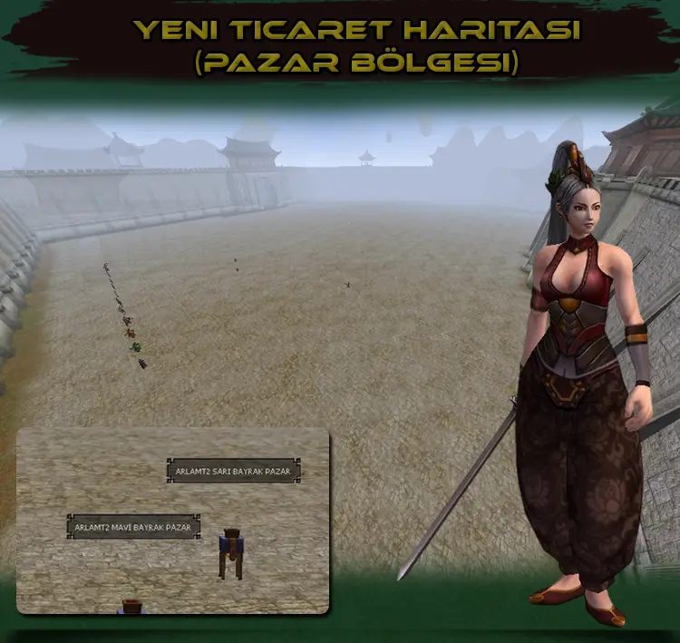 "ArlaMt2 Yeni Ticaret Haritası, tüm bayrakların aynı alanda pazar kurmasını sağlayan resmi bir ticaret alanıdır. Ticaret Bölgesi NPC’si veya ışınlanma yüzüğü ile ulaşılabilir.