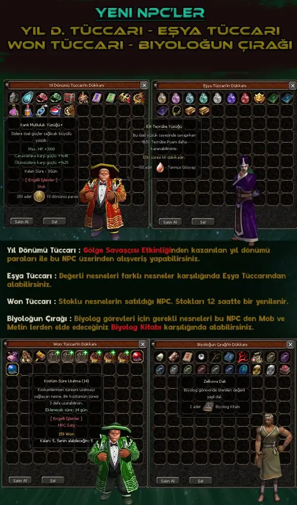 ArlaMt2 Yeni NPC'leri: Yıl Dönümü Tüccarı ile yıl dönümü paraları ile alışveriş yapabilir, Eşya Tüccarı, Won Tüccarı ve Biyoloğun Çırağı ile ticaret ve görevlerde kolaylık sağlayabilirsiniz.